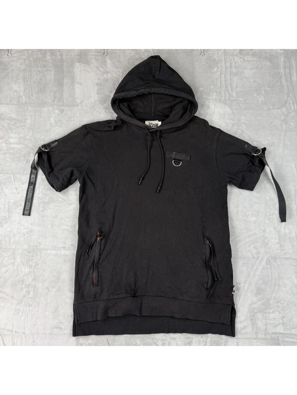 Izzue Techwear Hoodie Black Short Sleeve Strap Detail Streetwear Size 4 Skater